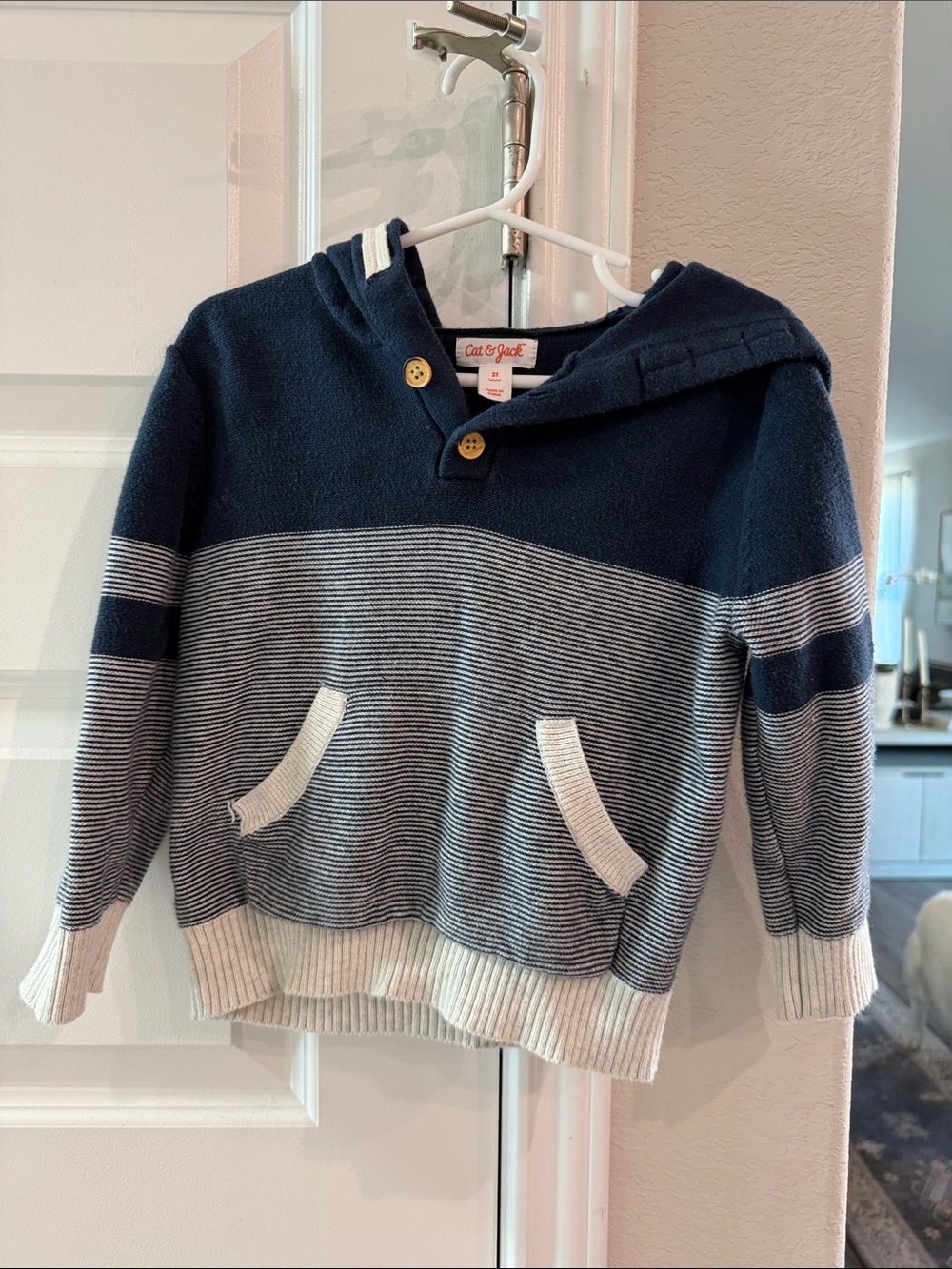 Cat & Jack Boys Navy and Cream Striped Hooded Sweater- 3T